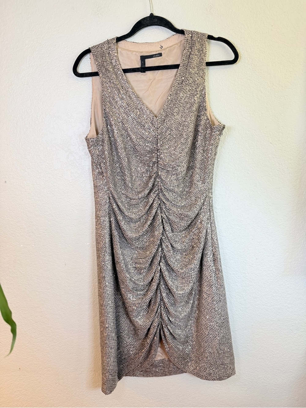 Obakki Silk Sequined Metallic Matte Gold Ruched Cocktail Formal Elegant Dress 8
